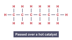 2 of 3: The structural formula for hexane, coloured red to symbolise being passed over a hot catalyst.