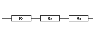Three resistors in series (one after the other in a line) labelled from left to right R1, R2 and R3.