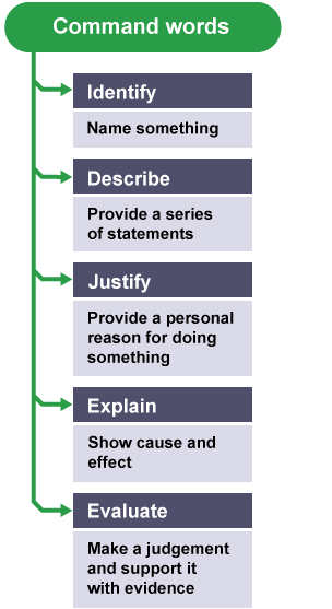 identify, describe, explain, justify, evaluate