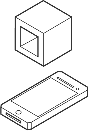 An isometric representation of a hollowed out cube alongside a simple smartphone. Their outlines are black and they have no colour.