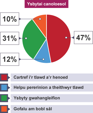 Siart cylch yn dangos sut y defnyddiwyd ysbytai canoloesol – 10% i ofalu am bobl sâl, 47% yn gartref i’r henoed a’r tlawd, 12% yn helpu pererinion a theithwyr tlawd, 31% fel ysbytai i’r gwahanglwyfus.