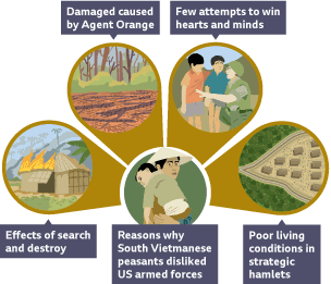 Reasons why Vietnamese peasants disliked US forces included the effects of search and destroy, use of Agent Orange, few attempts to win hearts and minds and poor living conditions in strategic hamlets