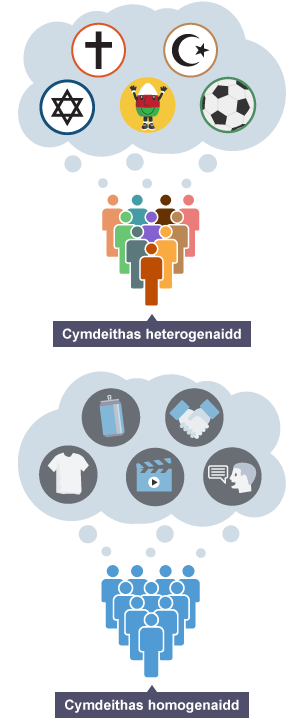 Diagram i ddangos y gwahaniaeth rhwng cymdeithas heterogenaidd a chymdeithas homogenaidd.