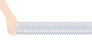 First of four images: A hand holding a stationary spring stretched horizontally.