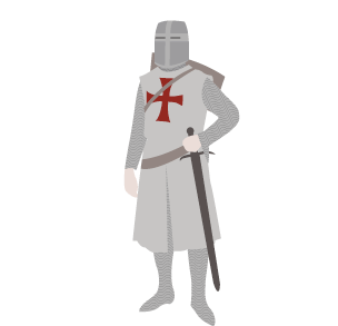 A crusading knight is shown wearing chainmail, helmet, sword and shield. On his grey tunic there is a red cross.