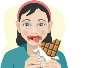 A girl licking her lips and eating a large bar of chocolate with chocolate smeared on her face.