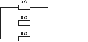 Diagram cylched gyda thri gwrthydd wedi’u cysylltu’n baralel. Mae’r gwrthyddion wedi’u labelu â 3 Ohm, 6 Ohm a 9 Ohm.