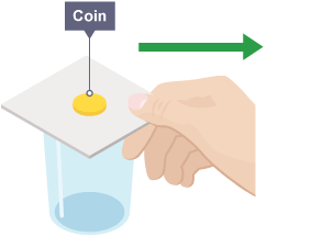 A cup with a card placed on top of it. On top of the card is a coin. A hand is holding the card and gesturing to pull it away.