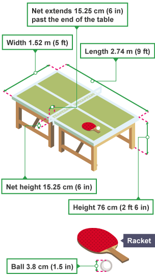 The table is 2.74 m long, 1.52 m wide and 76 cm high. The net is 15.25 cm high and extends 15.25 cm past the end of the table. The ball is 3.8 cm wide.