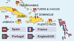 A map showing Spain took Cuba, the Bahamas, Turks and Caicos, and Puerto Rico. The UK had Jamainca and smaller islands. France had St Domingue and smaller islands.