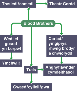 Map-meddwl yn dangos sut y datblygodd themâu a syniadau ar gyfer 'Blood Brothers'