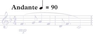 An andante symbol showing 90 beats per minute tempo