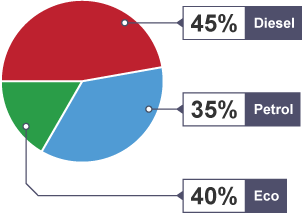 A pie chart. Diesel accounts for 45%, petrol accounts for 35%, and eco accounts for 40%