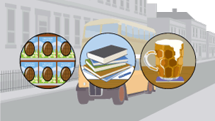 An infographic of three pictures, easter eggs, books and a beer.