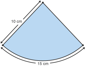 Sector gyda radiws o 10 cm a hyd yr arc yn 15 cm.