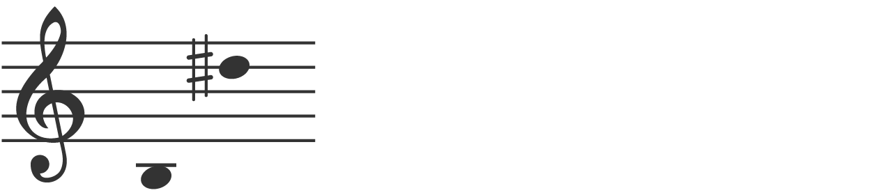 A musical stave showing a treble clef with two notes shown. A low B and a high F sharp.