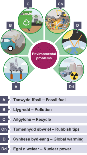 Diagram showing vocabulary relating to environmental problems: Fossil fuel, Pollution, Recycle, Rubbish tips, Global warming, Nuclear power