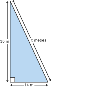 Right-angled triangle with values x, 14 and 30m