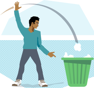 A man throwing a paper ball into a green bin to show movement.