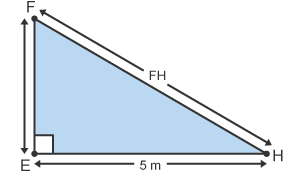 Triongl ongl sgwâr lle mae'r hypotenws, FH, yn anhysbys, mae ochr EH yn 5m, ac mae ochr EF yn anhysbys