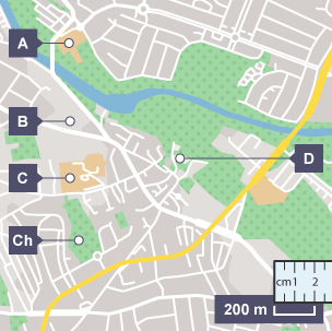 Map o Gaerdydd â phwyntiau wedi'u labelu o A i D