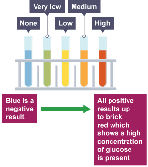 Five test tubes containing coloured solutions. 1 is blue, labelled none, 2 is green, labelled very low,  3 is yellow, labelled low, 4 is orange, labelled medium and 5 is red, labelled high.