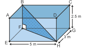 A room the shape of a cuboid where side EH equals 5 m, side HG equals 3 m, and side CG equals 2.5 m. The right-angled triangle BFH is shaded dark blue