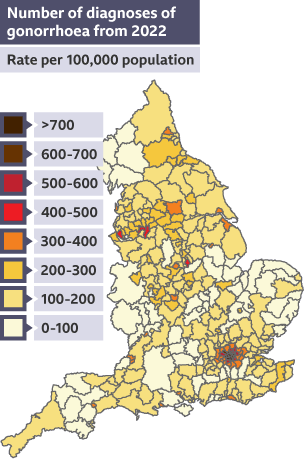 Number of diagnoses of gonorrhoea from 2022 per 100,000 population