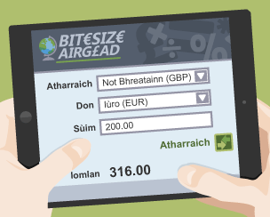 Bitesize currency app on a tablet converting 200 British pounds to 316 Euros