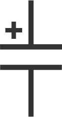 Two parallel lines of equal length. These lines represent the two plates of the capacitor. A + indicates the positive terminal