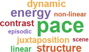 Word cloud displaying the terms: pace / energy / dynamic / contrast / structure / juxtaposition / linear / non-linear / scene / episodic