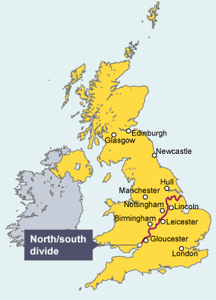 The North-South divide separates Gloucester, Leicester and Lincoln in the "South", and Birmingham, Nottingham and Hull in the "North".