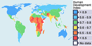 The countries with the highest HDI are in North America, Europe and Australasia. Countries with the lowest HDI are in Africa and south Asia.