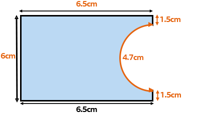  rectangle with a semicircle removed. 6.5 + 1.5 + 4.7 + 1.5 + 6.5 + 6 