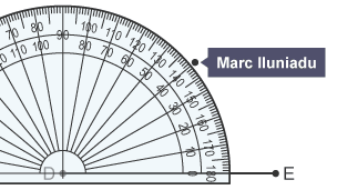 Onglydd wedi ei osod ar linell lorweddol wedi ei labelu â DE gyda phwynt ar 40 gradd wedi ei labelu â "Marc lluniadu"