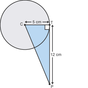 Diagram of a right-angled triangle outside a circle with values 5cm and 12cm