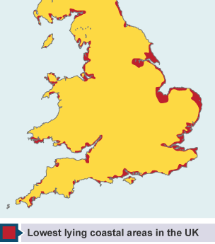 A map of projected flooded coastal areas due to a 30 cm sea level increase.