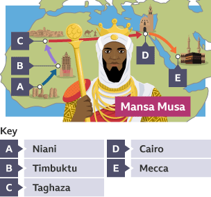 An image of Mansa Musa against a map of his pilgrimage from Niani to Mecca via Timbuktu, Taghaza and Cairo.