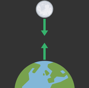 Graphic showing the moon and the earth. The moon has an arrow pointing at the earth, and the earth has an arrow pointing at the moon.