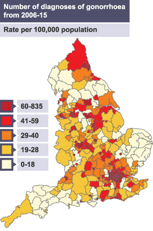 The rates of gonorrhoea diagnosis in England in 2015 are shown in the diagram below.