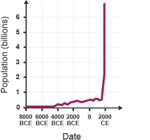 A graph showing the population growth over the last 10,000 years. The y axis is population in billions, it goes from 0 - 6. The x axis is date from 8000 BCE to 2000 CE. Until 2000CD the plotted line rises slowly, but never goes above 0.5 billion.  At this point it rises almost vertically off the top of the graph.