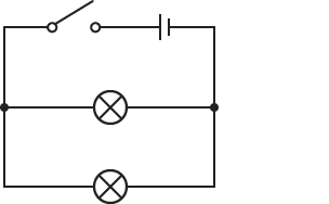 Diagram cylched gydag un batri, un switsh a dwy lamp wedi’u cysylltu’n baralel.