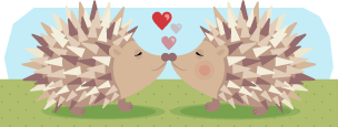 Two hedgehogs kissing with hearts above them.