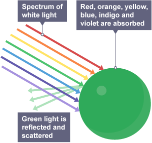 A green sphere - with all the colours in the spectrum hitting the object. Three green arrows extent out of the object - this represents the green light being reflected.