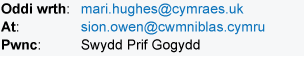 Pennawd e-bost yn dangos - Oddi wrth: mari.hughes@cymraes.uk; At: sion.owen@cwmniblas.cymru; Pwnc: Swydd Prif Gogydd.