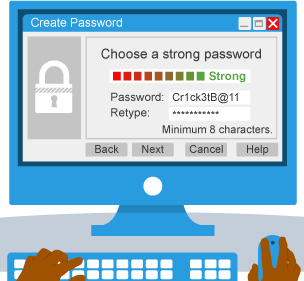 An graphic showing the importance of choosing a strong password by choosing characters, numbers and symbols.