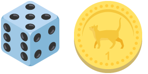 An infographic showing a dice and coin