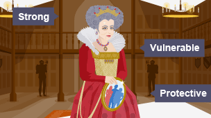 Queen Elizabeth II stands in the middle of a wood-panelled, candlelit room. She is wearing a grand red dress and a golden crown in her grey, curly hair. She is holding a family portrait.