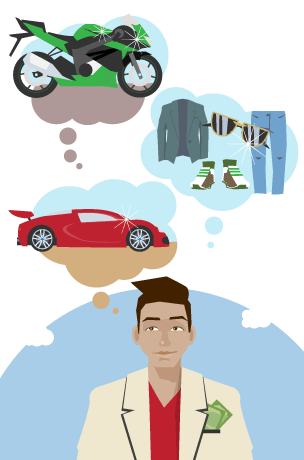 A young man with three thought bubbles, one of a motorbike, one of a sportscar and the other of expensive clothes.