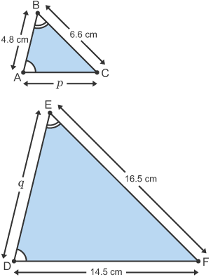 Dau driongl: Mae un 4.8 cm x 6.5 cm x p, mae'r llall q x 16.5 cm x 14.5 cm